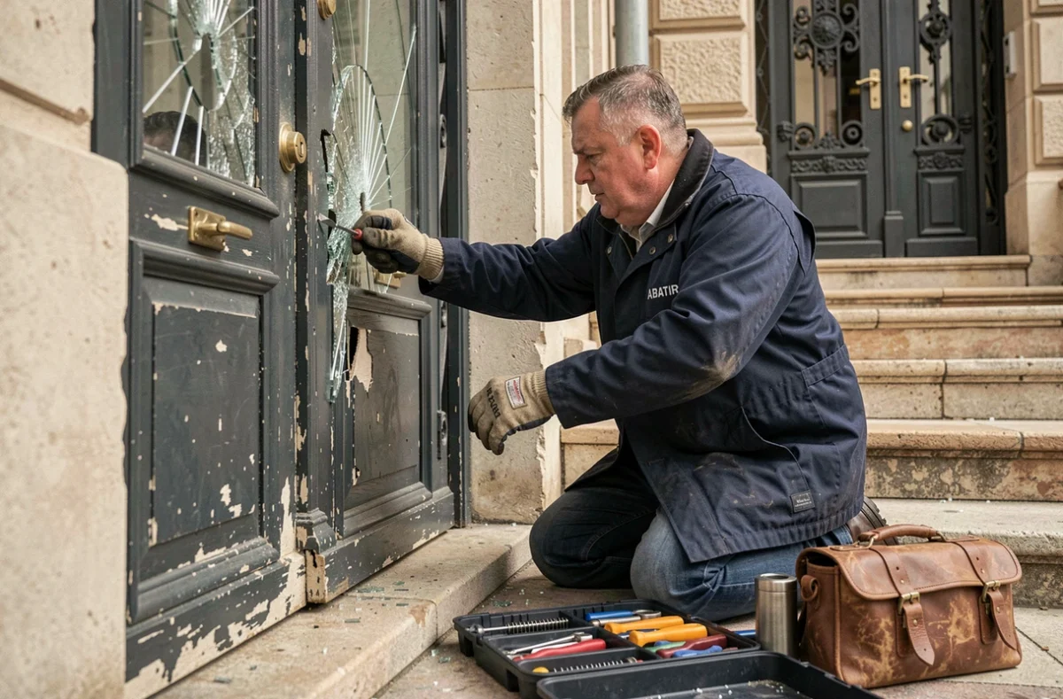 Serrurier-vitrier ABATIR 69 réparant la vitre d'une porte d'entrée sur un immeuble lyonnais