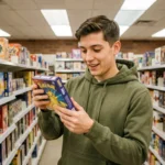 Jeune homme tenant un booster Étincelles Déferlantes dans le rayon jeux de cartes d'un magasin physique