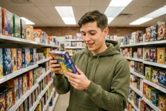 Jeune homme tenant un booster Étincelles Déferlantes dans le rayon jeux de cartes d'un magasin physique