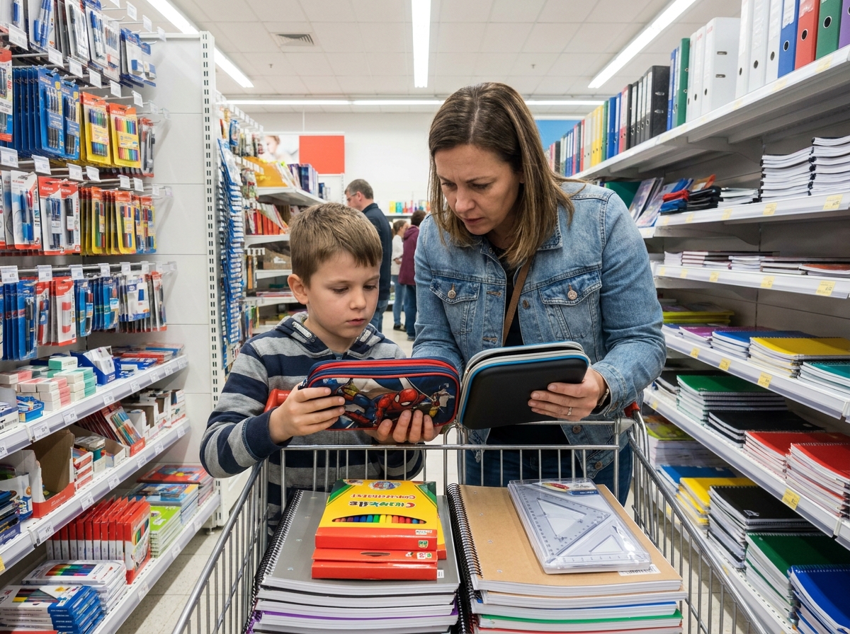 Mère et fils en train de choisir des fournitures scolaires dans le rayon papeterie d'un supermarché avant la rentrée