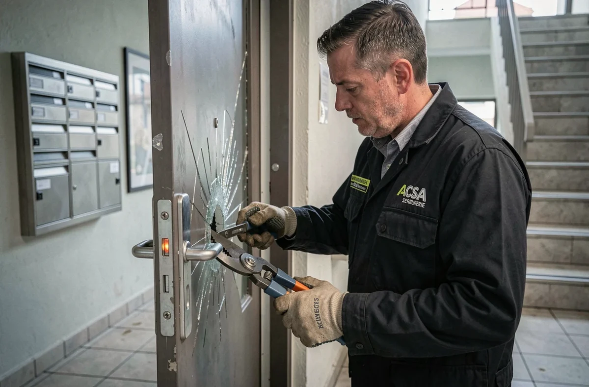 Technicien ACSA Serrurerie sécurisant et remplaçant une vitre de porte après une effraction dans un immeuble lyonnais