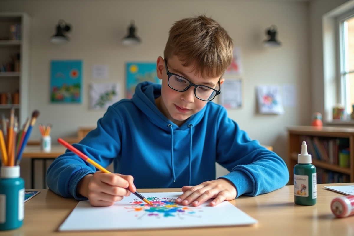 Adolescent en classe peignant sur une toile à numéros dans un atelier d