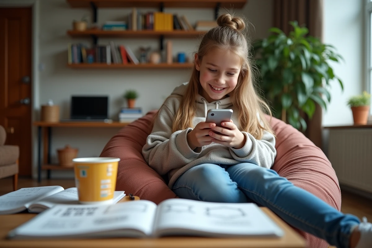Adolescente souriante utilisant son smartphone dans le salon