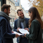 Agent immobilier français avec couple dans bureau lumineux
