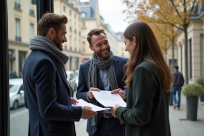 Agent immobilier français avec couple dans bureau lumineux
