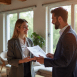 Agent immobilier présentant un rapport de valuation à un couple dans un salon lumineux