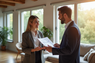 Agent immobilier présentant un rapport de valuation à un couple dans un salon lumineux