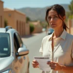 Femme tenant une amende de stationnement espagnole devant une voiture de location sur une route ensoleillée d'Espagne