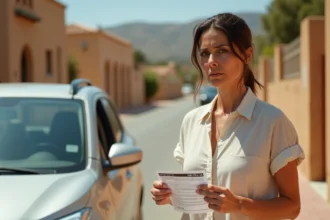Femme tenant une amende de stationnement espagnole devant une voiture de location sur une route ensoleillée d'Espagne