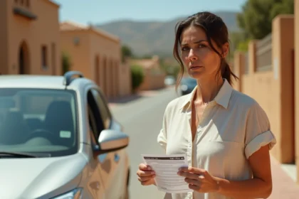 Femme tenant une amende de stationnement espagnole devant une voiture de location sur une route ensoleillée d'Espagne