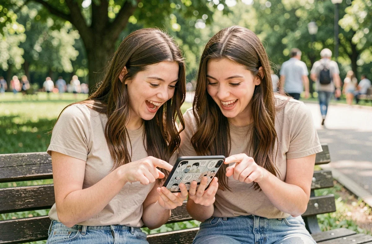 Deux jeunes femmes partageant la lecture d'un manga BL sur smartphone dans un parc, réaction complice et joyeuse