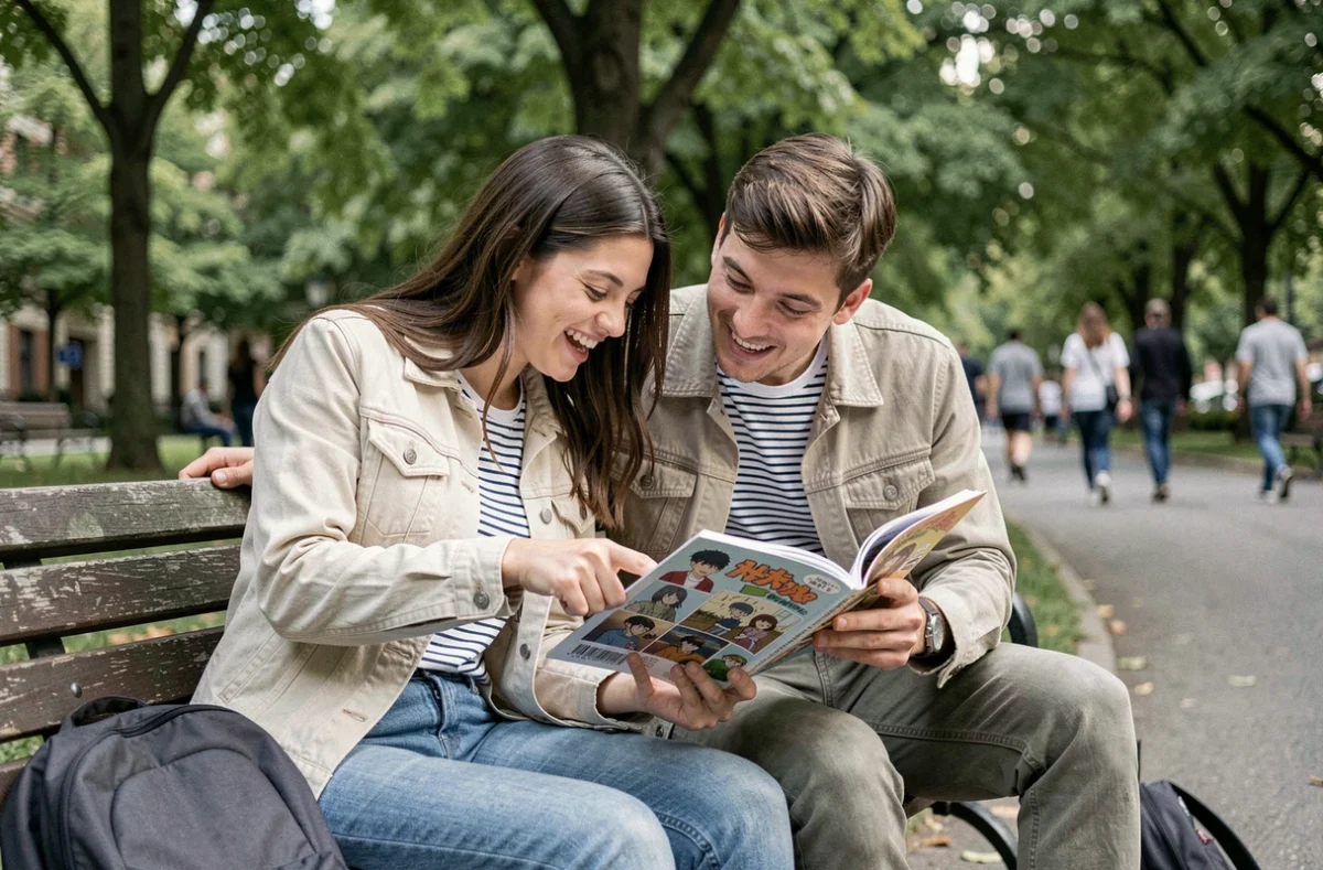 Deux amis lisant ensemble un manga Just Friend en version française sur un banc de parc en extérieur