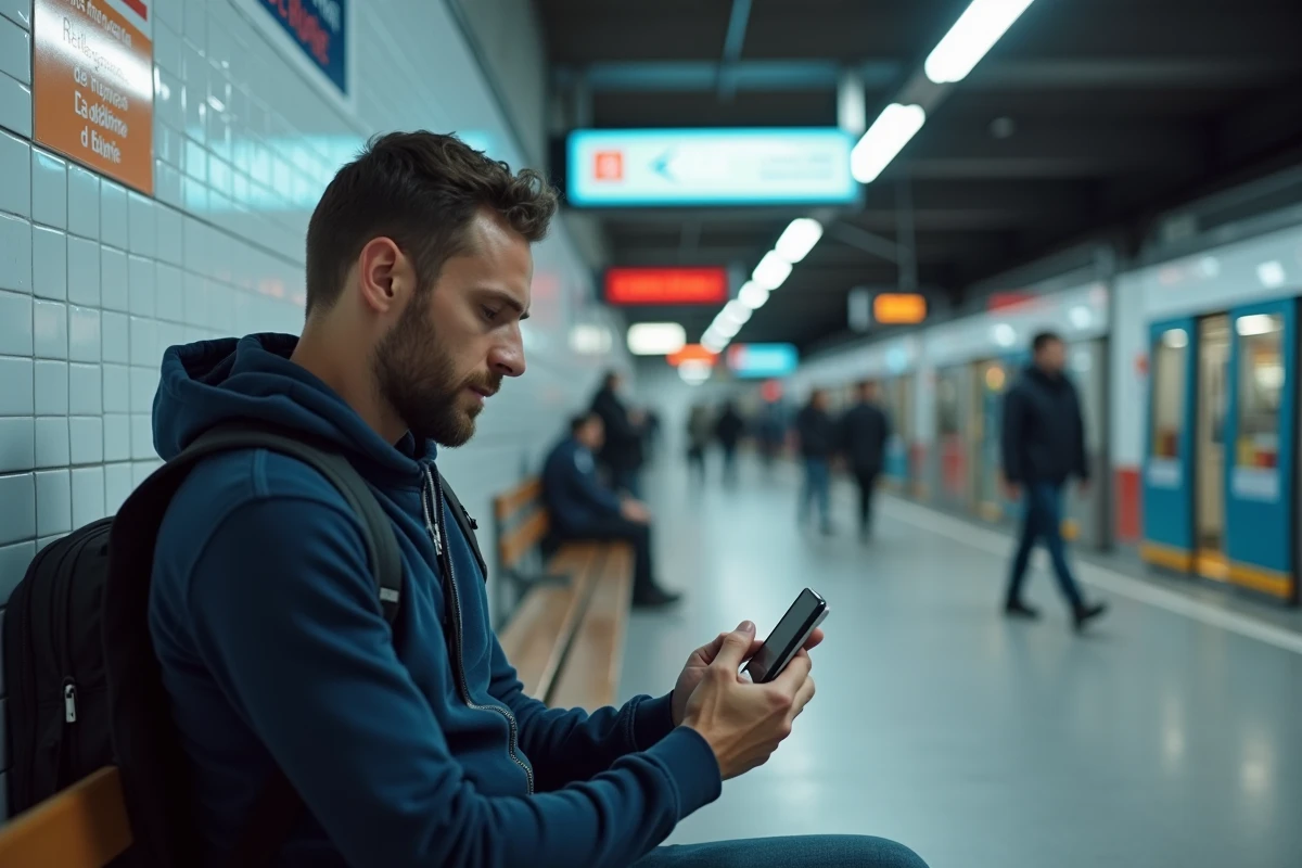 Homme utilisant l'application mobile TCL pour consulter les horaires de bus à Lyon