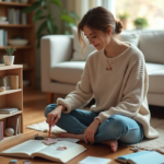 Jeune femme assemble une mini bibliotheque DIY dans un salon lumineux