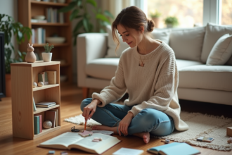 Jeune femme assemble une mini bibliotheque DIY dans un salon lumineux