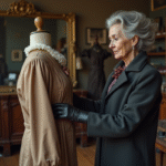 Femme agee examine une robe vintage dans un atelier