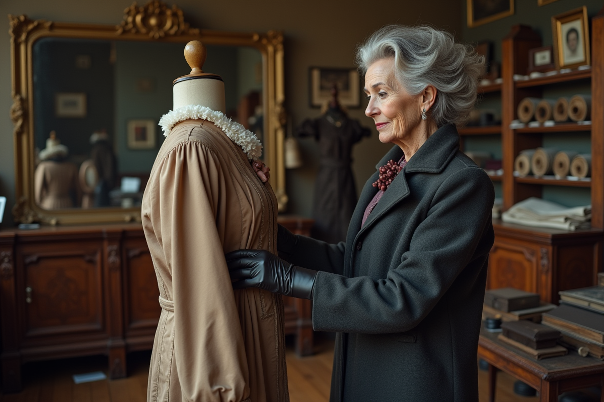 Femme agee examine une robe vintage dans un atelier