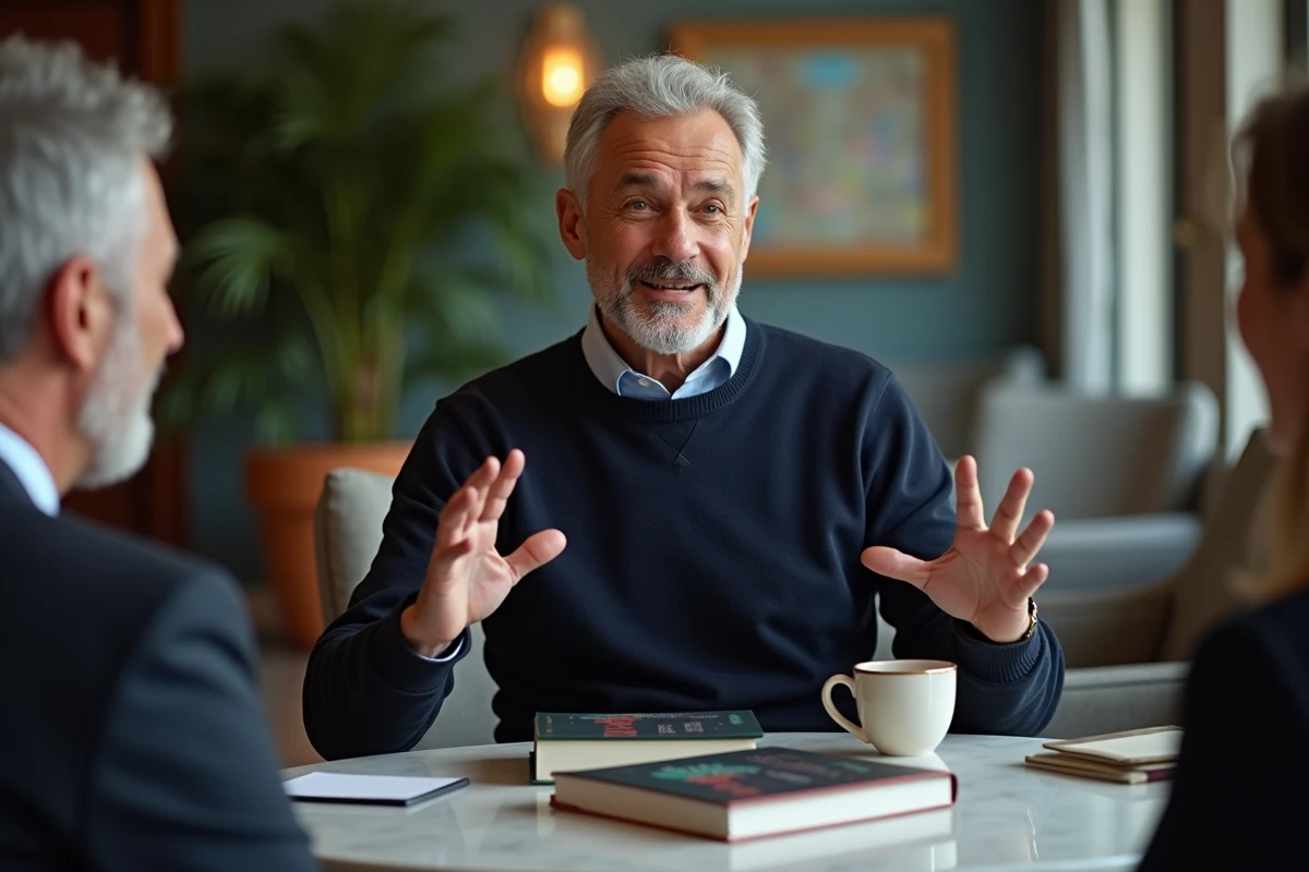 Auteur à succès mondial accordant une interview à un journaliste dans un salon d'hôtel, copies de son livre bestseller sur la table