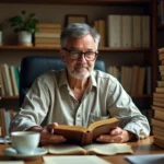 Auteur littéraire assis dans son bureau entouré de piles de ses propres livres à succès mondial, expression de fierté contemplative