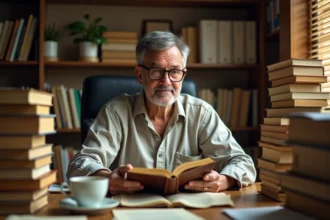 Auteur littéraire assis dans son bureau entouré de piles de ses propres livres à succès mondial, expression de fierté contemplative