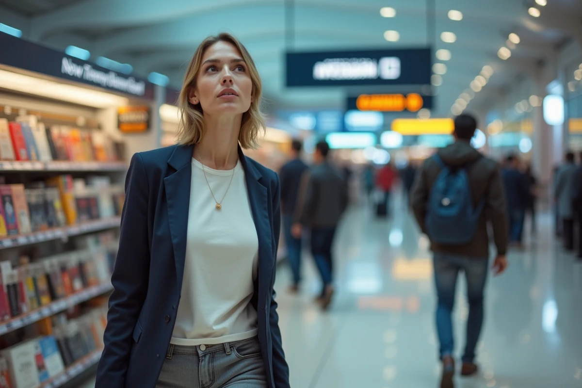 Auteure découvrant une vitrine entièrement dédiée à son roman bestseller dans une librairie d'aéroport international