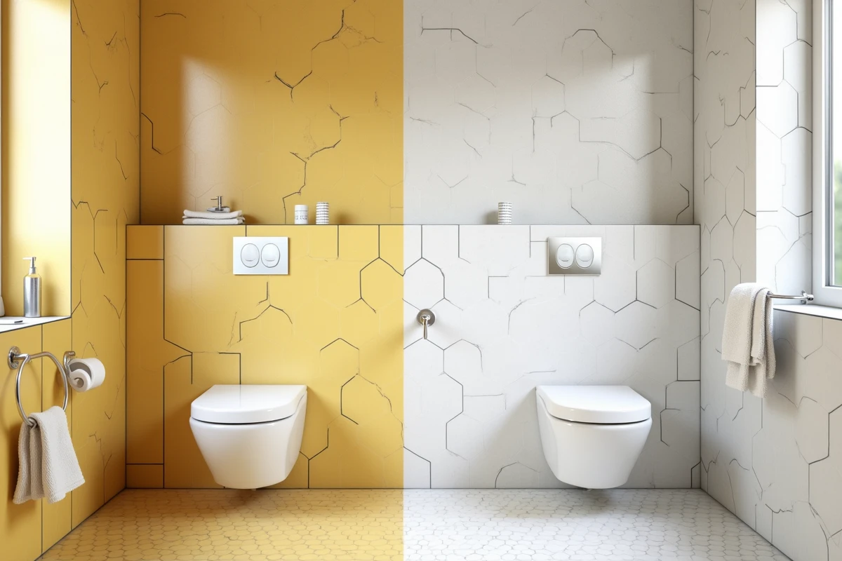 Comparaison avant-après d'une salle de bain rénovée avec carrelage hexagonal blanc mat posé sur l'ancien carrelage défraîchi