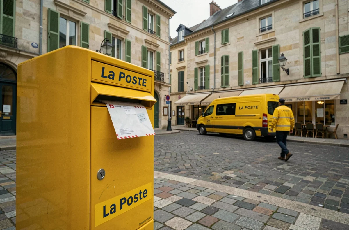 Boîte aux lettres La Poste en extérieur avec enveloppe suivie déposée et facteur en arrière-plan