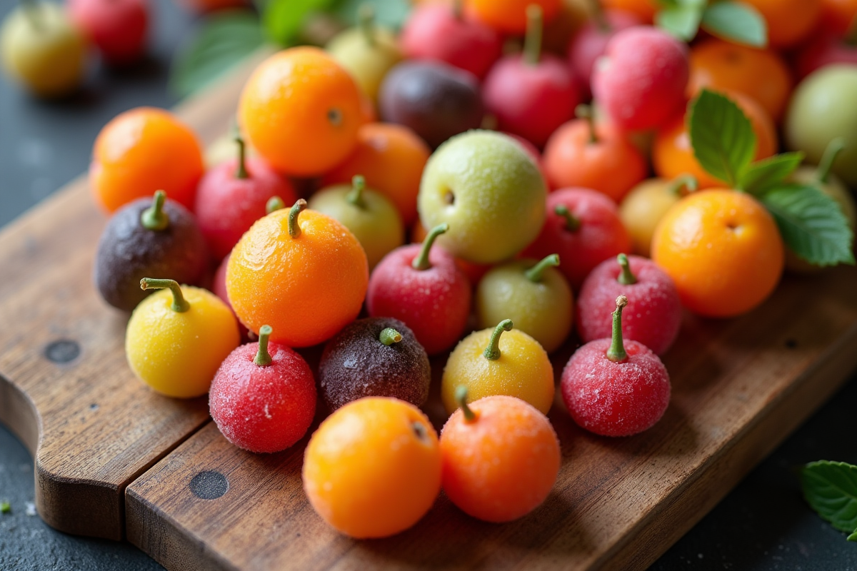 Bonbons de marzipan colorés disposés sur une planche en bois rustique