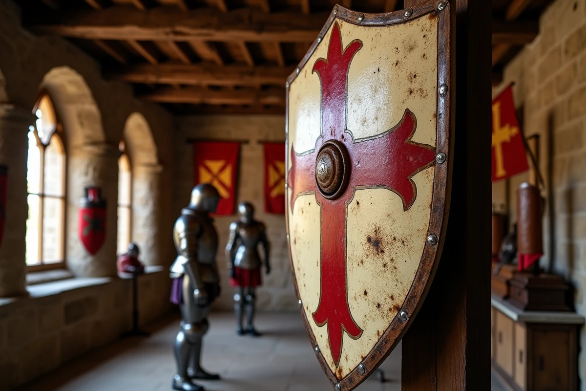Bouclier de chevalier templier avec croix pattée exposé dans une salle d'exposition historique médiévale