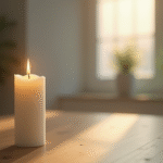 Une bougie blanche allumée sur une table en bois avec lumière naturelle