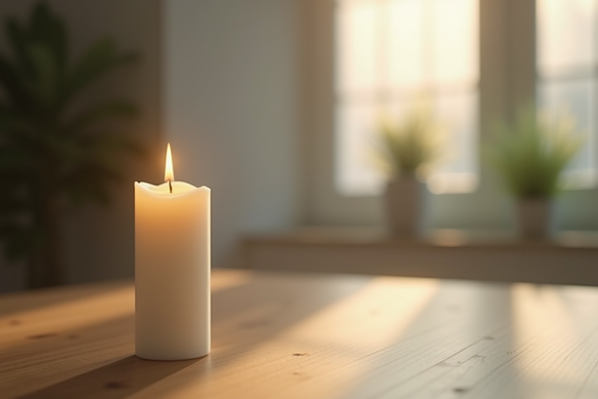Une bougie blanche allumée sur une table en bois avec lumière naturelle