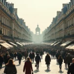 Boulevard haussmannien animé de Paris avec façades en pierre et piétons représentant la plus grande ville de France