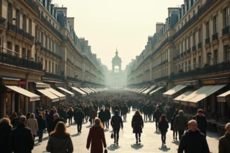 Boulevard haussmannien animé de Paris avec façades en pierre et piétons représentant la plus grande ville de France