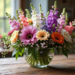 Bouquet de fleurs commençant par F sur table en bois