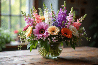Bouquet de fleurs commençant par F sur table en bois