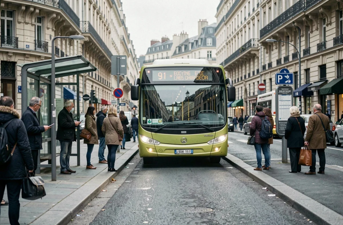 Bus 91 arrivant à un arrêt urbain avec affichage électronique du numéro de ligne visible depuis le trottoir