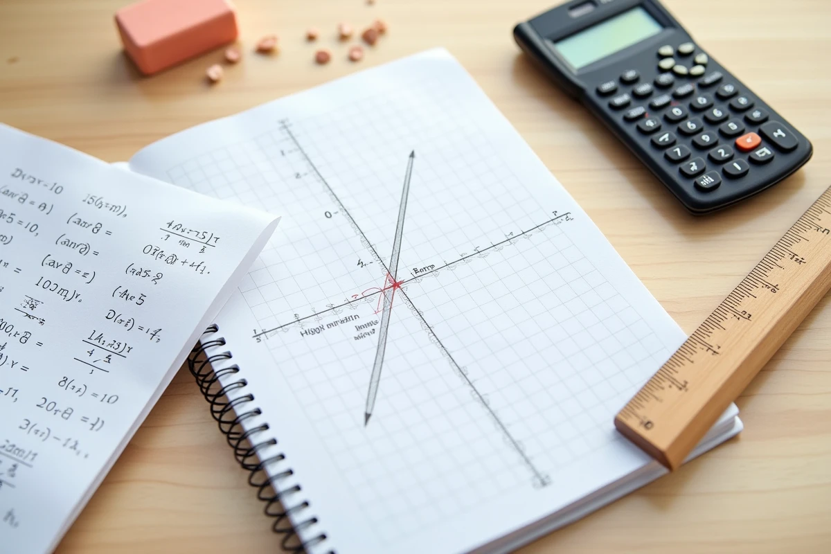 Vue aérienne d'un cahier de mathématiques ouvert avec une courbe et son équation réduite de tangente tracées au crayon