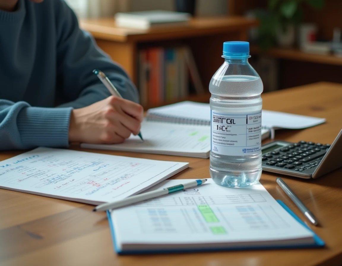 Étudiant effectuant des calculs de conversion 5L en ml à la main sur un cahier avec calculatrice et bouteille de référence
