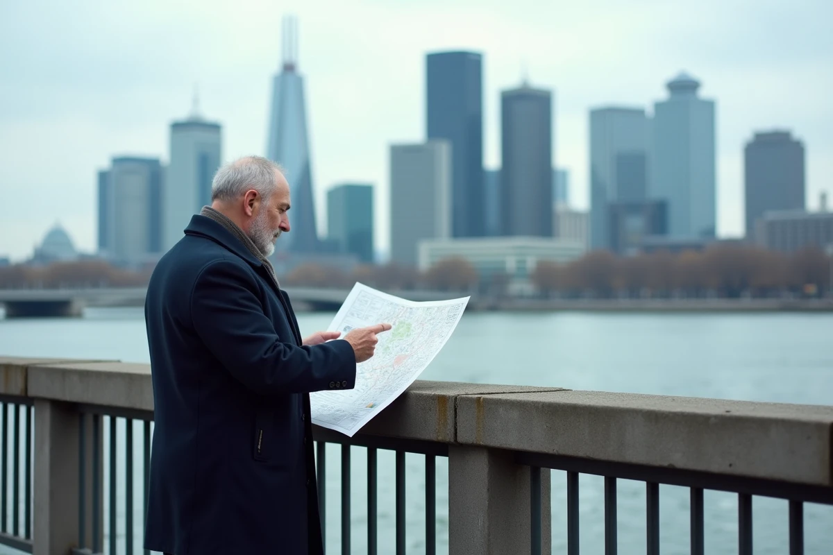 Homme consultant une carte devant le quartier d'affaires de La Défense, symbole des grandes métropoles françaises