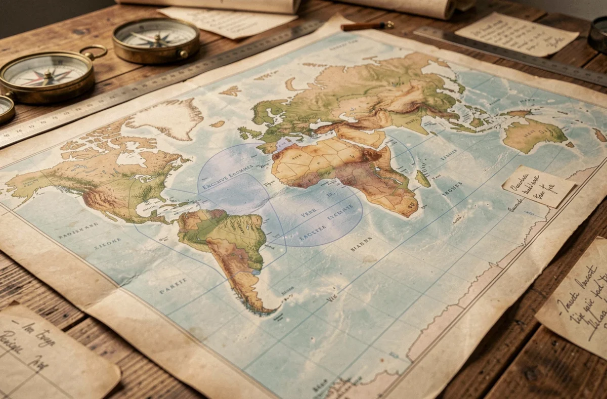 Carte physique du monde sur une table de cartographie avec zones maritimes et polaires délimitées pour comparer la superficie des pays incluant mers et zones polaires