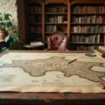 Carte topographique détaillée de la Normandie posée sur un bureau de cartographe avec les cinq départements normands tracés à l'encre