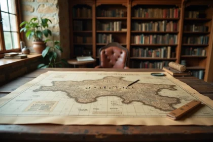 Carte topographique détaillée de la Normandie posée sur un bureau de cartographe avec les cinq départements normands tracés à l'encre