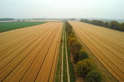 Vue aérienne d'un champ agricole de 10 hectares avec rangées de blé et chemin de terre en campagne française