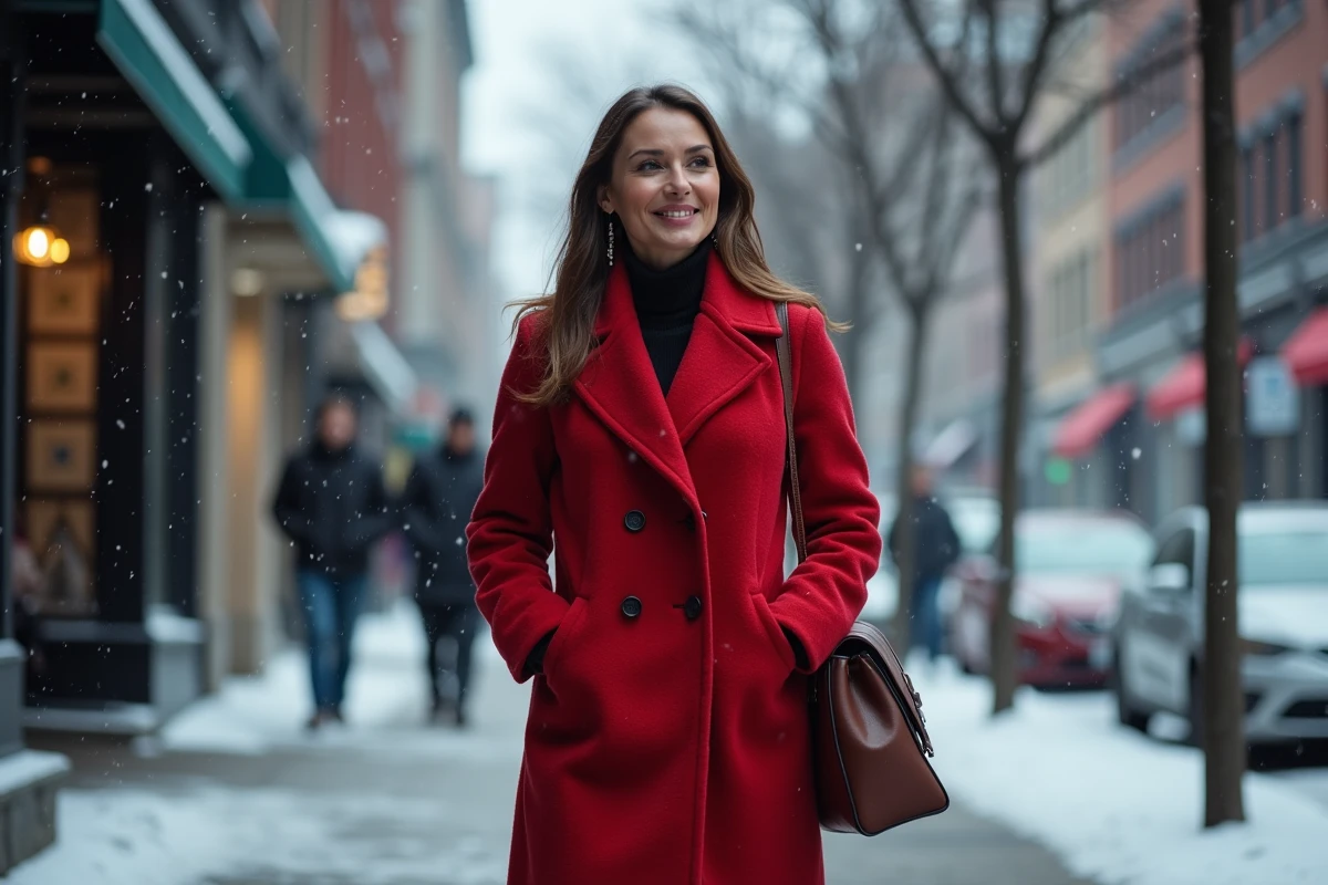 Chanteuse canadienne populaire marchant dans une rue enneigée de Montréal en manteau rouge