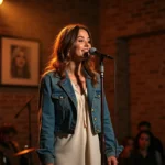 Chanteuse canadienne célèbre se produisant sur scène dans un petit club de musique avec micro vintage