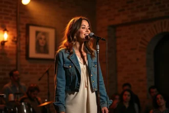 Chanteuse canadienne célèbre se produisant sur scène dans un petit club de musique avec micro vintage
