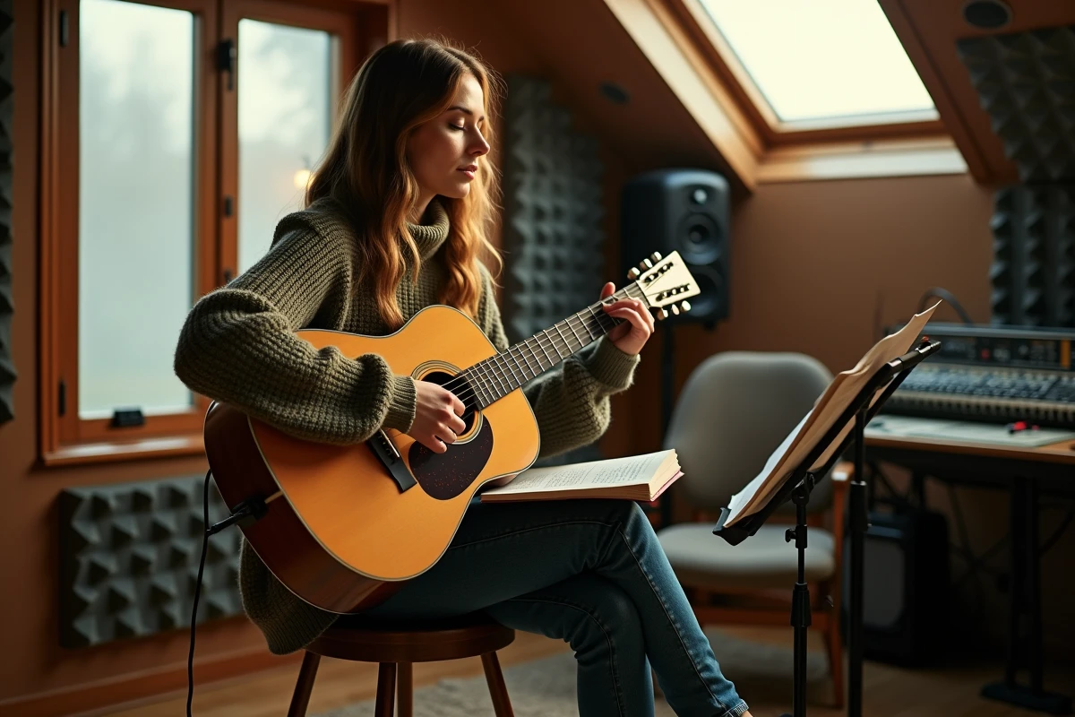 Chanteuse canadienne reconnue en train de composer dans un studio d'enregistrement avec guitare acoustique