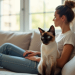 Chat siamois calme près d'une femme sur un canapé lumineux