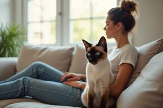 Chat siamois calme près d'une femme sur un canapé lumineux