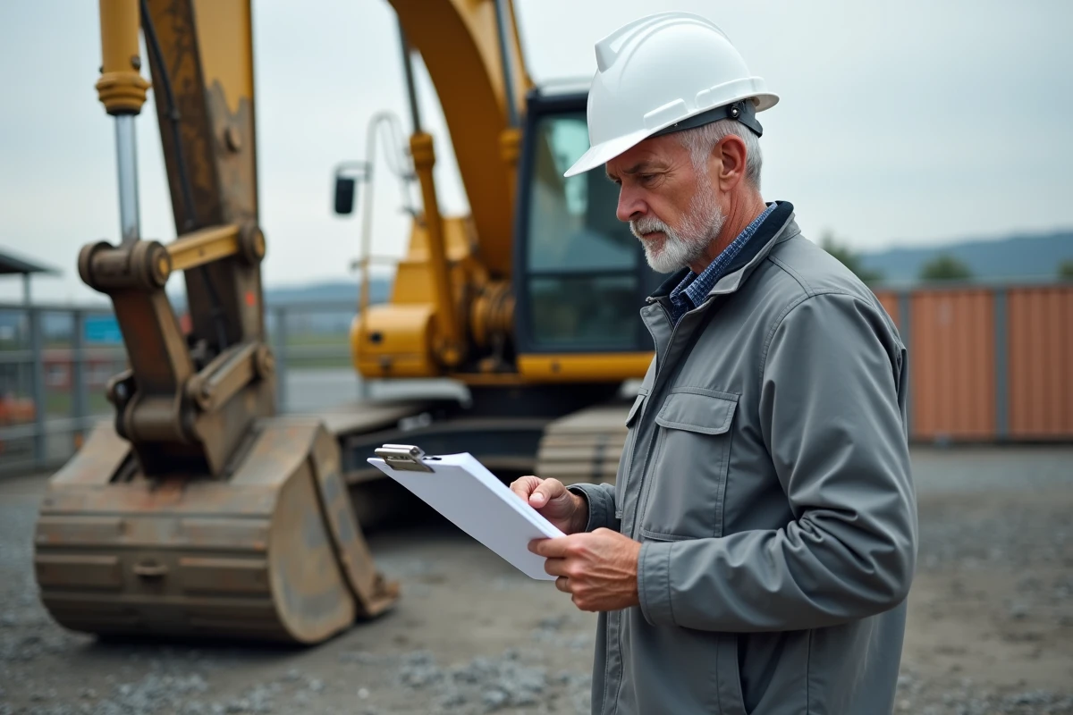 Chef de chantier inspectant des documents d'assurance devant une pelle mécanique à l'arrêt